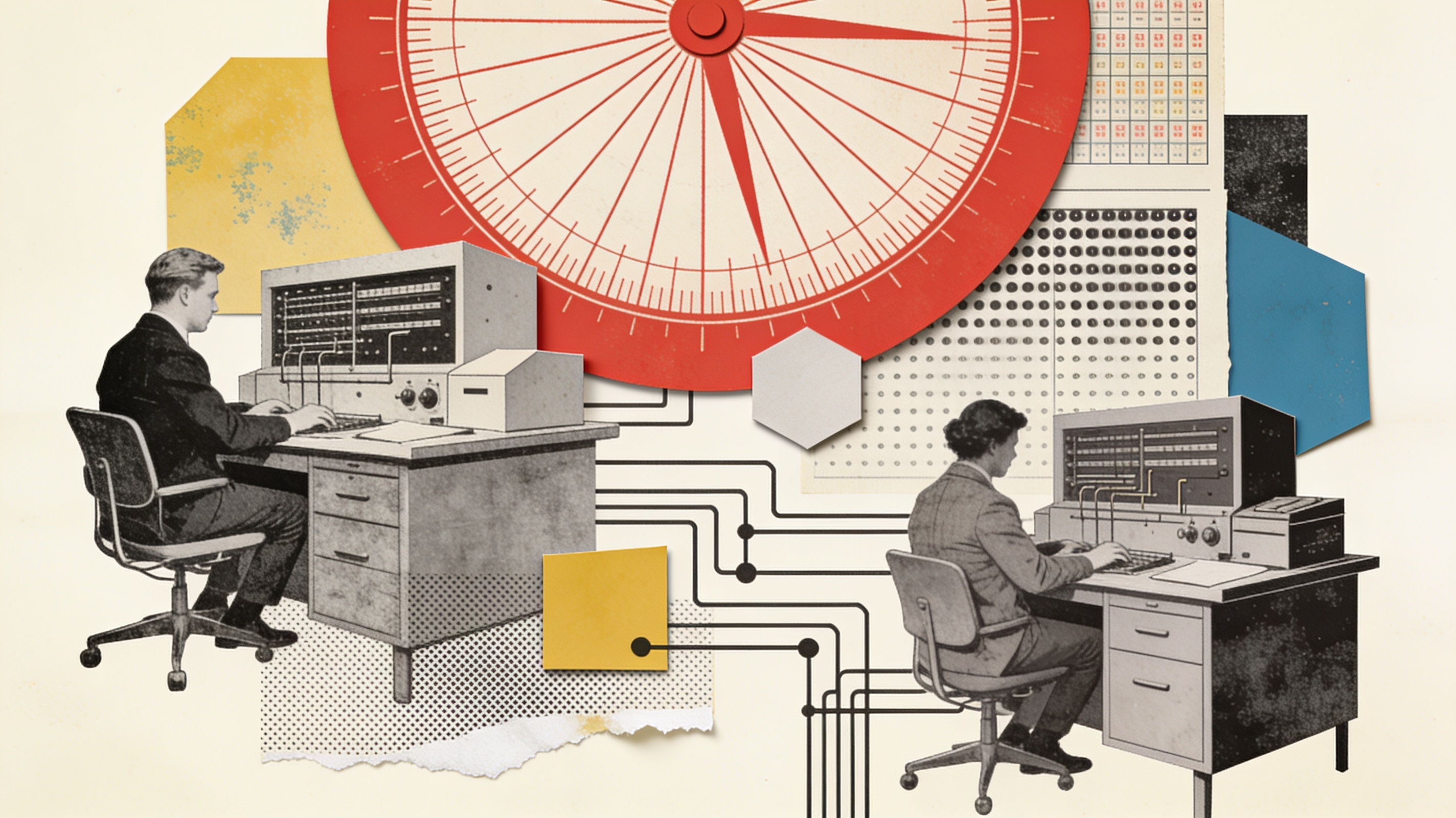 Collage of office workers interwoven with geometric machine shapes beneath a vermilion sun-dial